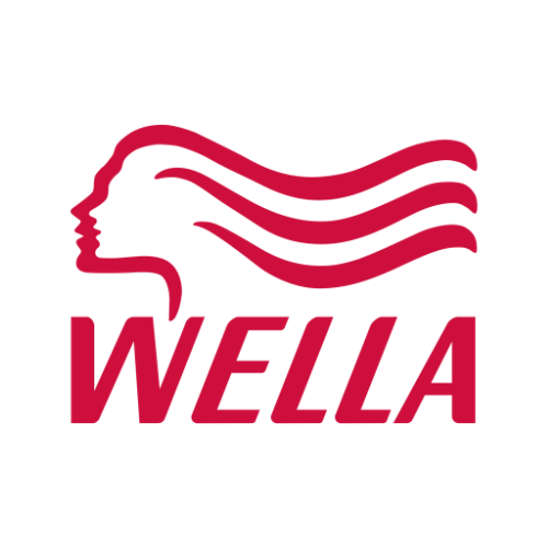 Das Bild zeigt das Logo von Wella, einem Hersteller von Haarpflegeprodukten. Das Logo besteht aus einem stilisierten Profil einer Frau mit welligem Haar in Rot auf einem weißen Hintergrund, neben dem in Großbuchstaben das Wort "WELLA" in Rot steht.
