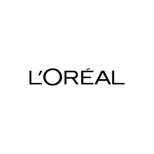 Logo von L'Oréal: Es zeigt den Markennamen in schwarzer Schrift auf weißem Hintergrund. Das erste 'O' ist mit einem Apostroph versehen, der über dem Buchstaben schwebt.