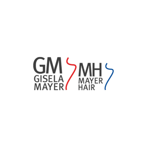 Das Bild zeigt ein zweiteiliges Logo, bei dem die Initialen "GM" für Gisela Mayer und "MH" für Mayer Hair verwendet werden. Zwischen den Initialen sind zwei stilisierte Darstellungen zu sehen, die wie Haarsträhnen aussehen - eine in Rot und eine in Blau, was eine dynamische und farbenfrohe Note verleiht. Die volle Namen "Gisela Mayer" und "Mayer Hair" sind unter den entsprechenden Initialen in serifenlosen Schriftarten positioniert. Das Design ist modern und könnte auf ein Unternehmen im Bereich Haarpflege oder Friseurbedarf hindeuten. Die Verwendung von Initialen in Kombination mit vollständigen Namen sorgt für eine klare Markenidentität und Wiedererkennung.