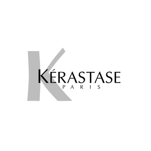 Das Logo von Kérastase Paris, dargestellt mit einem großen grauen Buchstaben 'K' gefolgt vom vollen Namen der Marke in schwarzen Buchstaben, mit dem Schwerpunkt auf der typografischen Gestaltung.