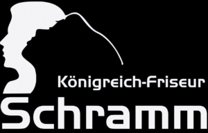 Das Bild zeigt einen schwarzen Hintergrund. Darauf liegt ein weißes Logo, mit zwei Köpfen. Darunter steht der Name des Geschäftes „Königreich-Friseur Schramm“.