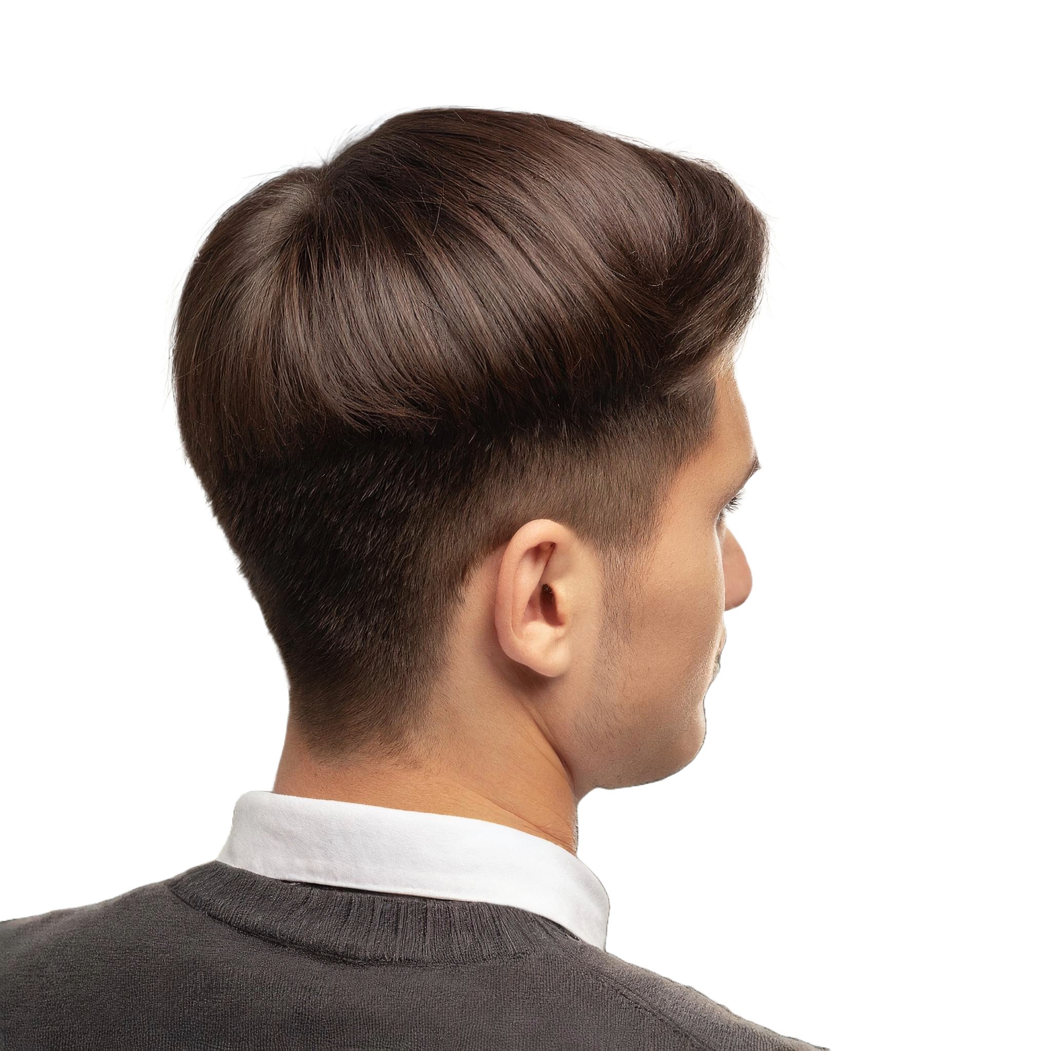 Ein Profilblick auf eine Person mit einem gepflegten Haarschnitt. Das Haar ist oben länger und nach hinten gekämmt, was eine geschmeidige, gewölbte Form ergibt. Die Seiten sind kürzer und führen zu einem subtilen Übergang am Hinterkopf. Der Gesamteindruck ist ordentlich und stylisch.