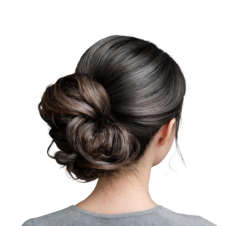 Ein Foto von der Rückseite einer Person mit einem eleganten, niedrigen Chignon-Haarknoten. Das Haar hat einen reichen, dunklen Farbton, und der Knoten zeigt ein geschmeidiges, glänzendes Finish mit einzelnen, weich gedrehten Strähnen für Textur. Die Person trägt ein graues Oberteil, und einige lose Strähnen umrahmen sanft den Nacken. Der Hintergrund ist schlicht und hell, wodurch der Fokus auf die Präzision und Sauberkeit der Frisur gelenkt wird.